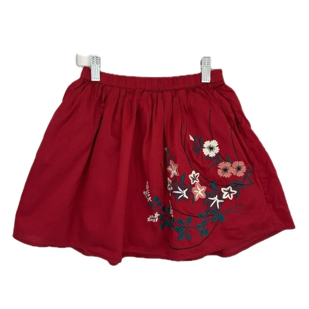 Tea Floral Embroidered Poofy Skirt Girls Size 8 Red A-Line Elastic Waist Mini